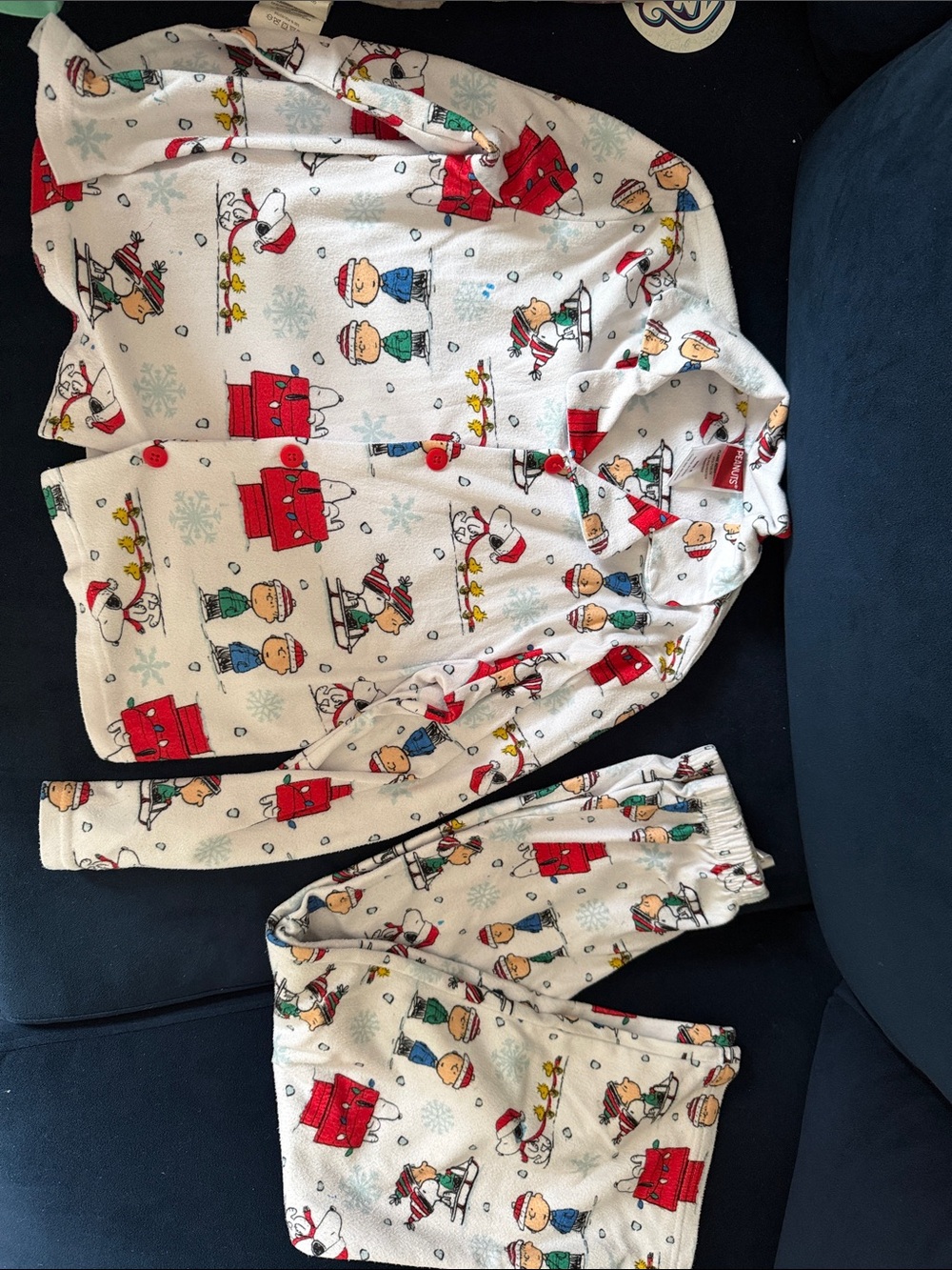 Peanuts Kids Pajama Set in White with Red, Green & Blue Holiday Print